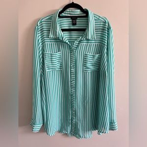 Torrid Teal and White Striped Chiffon Long Sleeve Button Down Blouse